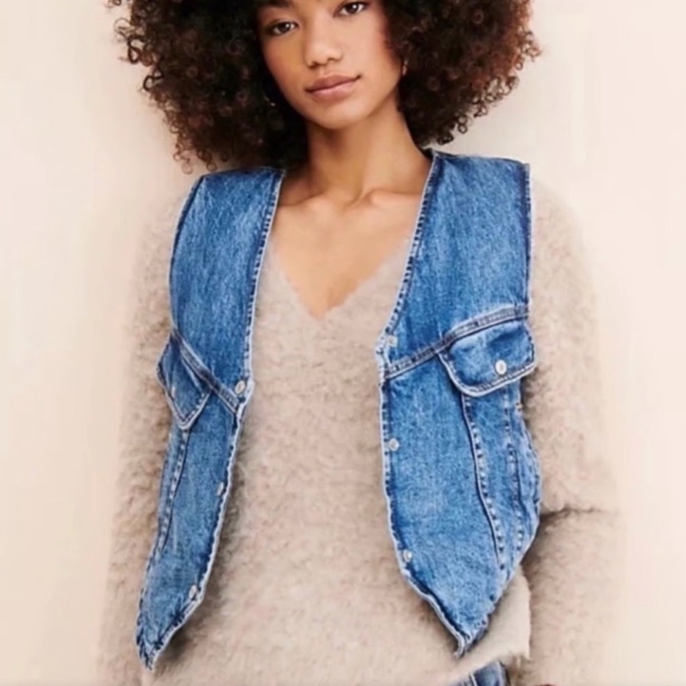 NWT Free People Florence Ranch Vest Stone-Washed Denim Sherpa-Lined XS